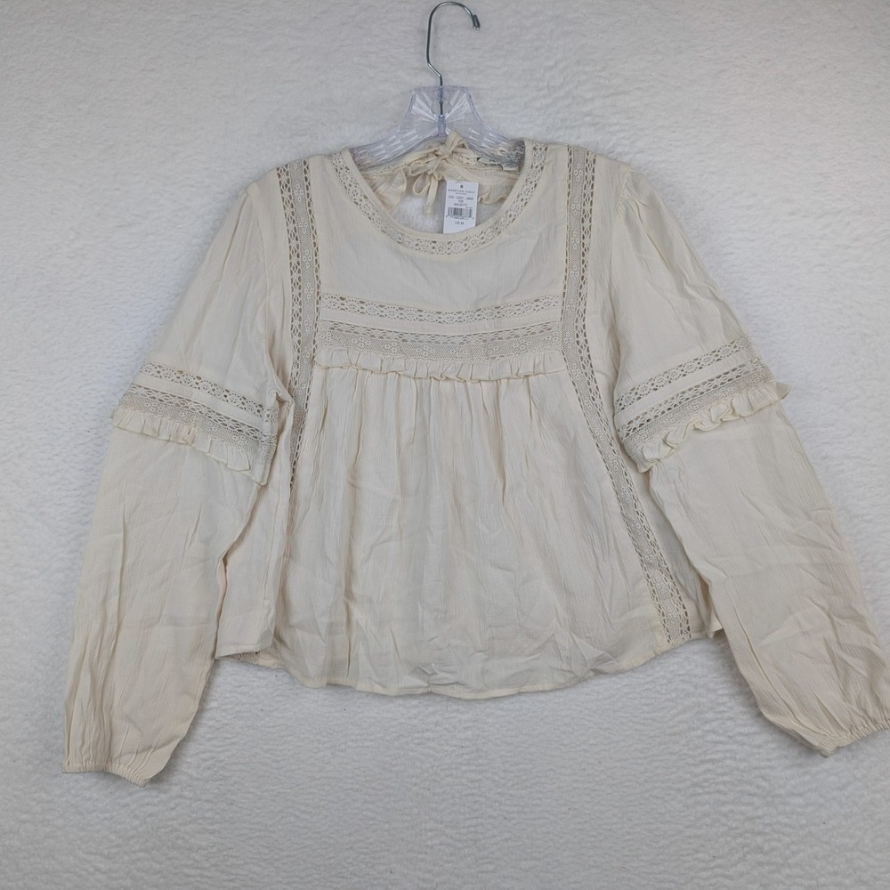 NWT American Eagle Boho Lace Blouse Sz M Cream Open Tie Back Prairie Peasant Top